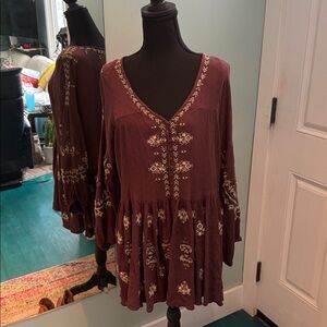 Free People Embroidered V-Neck Boho Top - Maroon